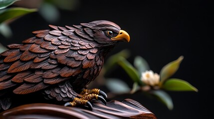 Intricate Wooden Eagle Carving on Dark Background