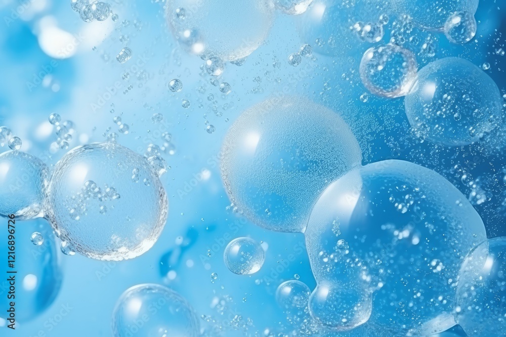 Poster crystal clear bubbles float on a light blue background, creating a refreshing and clean abstract ima
