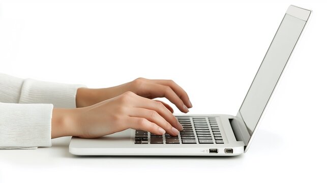Hands typing on a laptop keyboard illustrate technology and digital work processes in progress
