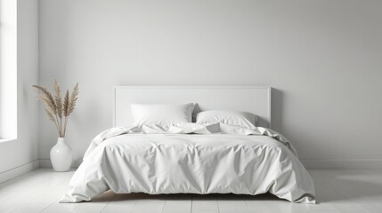 Serene Minimalist Bedroom Setting A Pristine White Bed with Crisp Linens and Pampas Grass in a Simple Vase, Creating a Peaceful and Tranquil Atmosphere