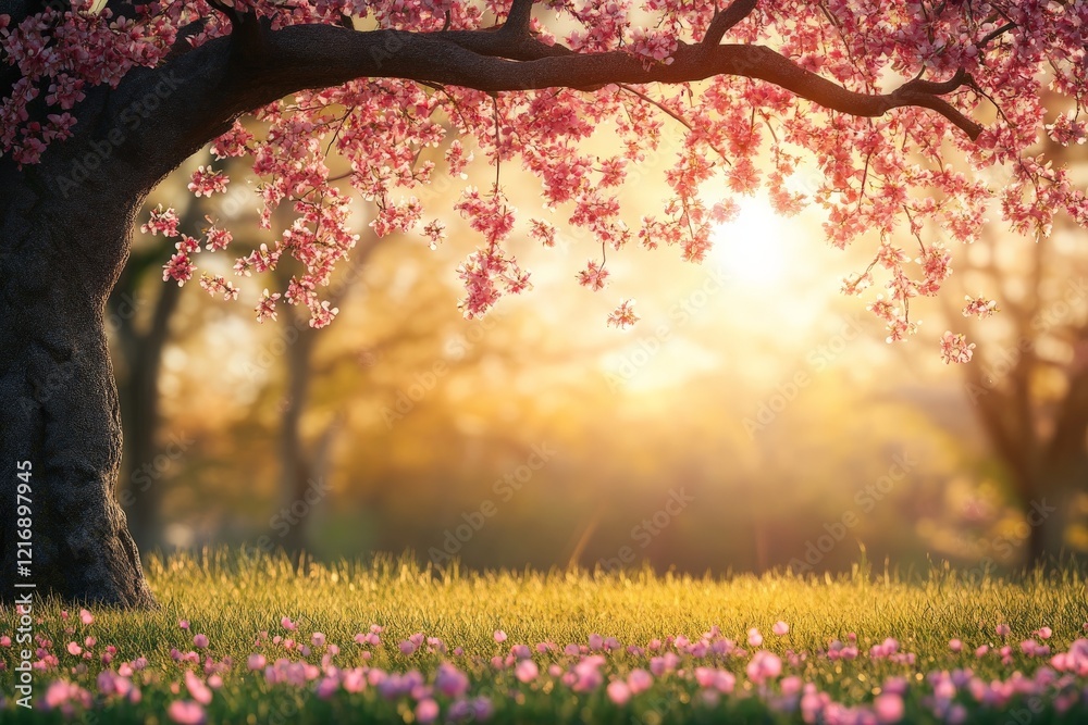 Wall mural Beautiful cherry blossom tree in full bloom during sunset in a serene park setting