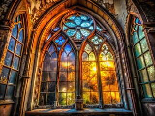 Obraz premium Decaying Church Window, Urban Exploration Photography, Grungy Glass, Gothic Architecture, Abandoned Building