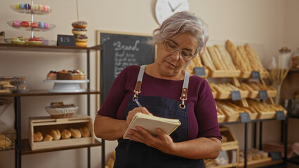 Elderly woman with grey hair writing in a notebook inside a bakery, surrounded by fresh bread,...