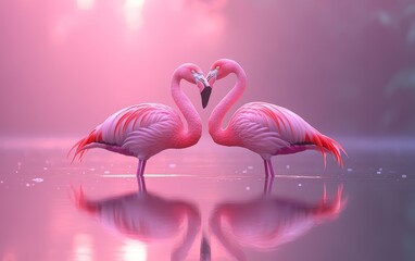 Naklejka premium Elegant Pink Flamingos Forming a Heart Shape in Serene Waters at Sunset
