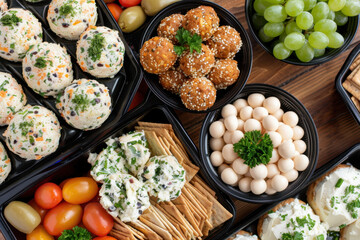 A variety of gourmet cheese balls with herbs, spices, and seeds, arranged alongside crackers, fresh vegetables, and olives, creating a colorful and festive party platter.  
