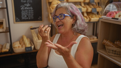 Grey-haired woman enjoying a lively conversation in a cozy bakery with an assortment of fresh bread and pastries visible in the background.