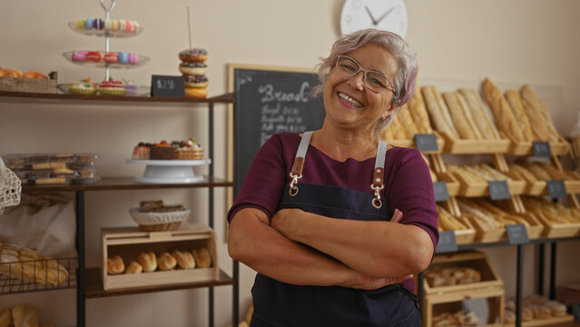 Hispanic woman with grey hair and glasses, arms crossed, standing in a bakery filled with bread and pastries, smiling confidently.
