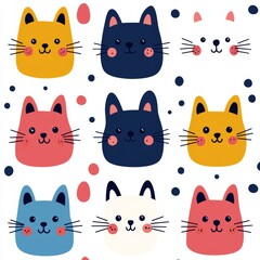 Cute Multicolored Cat Faces Patterned on a White Background With Polka Dots