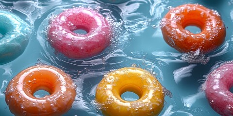 Obraz premium Close-Up of Colorful Candy Rings Floating on Water