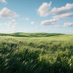 Fototapeta premium Rolling green hills, windswept grass, sunny sky, pastoral landscape, nature background
