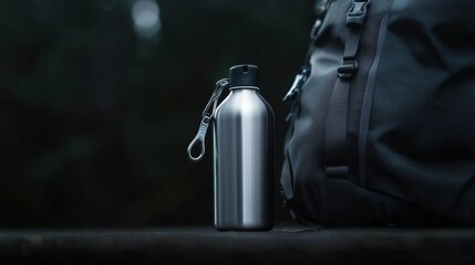 Black backpack and a stainless steel water bottle on a wooden surface. the backpack is on the right side of the image and the water bottle is in the center.