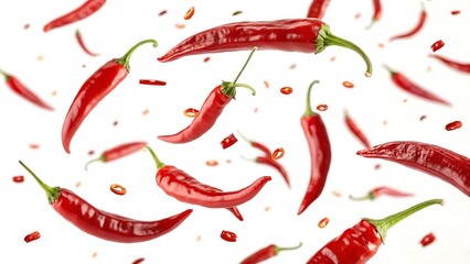 Red chili peppers falling isolated, capturing their vibrant color and motion for spicy food promotions.