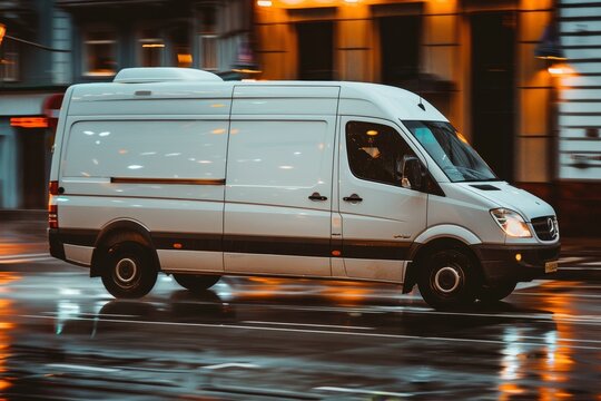 Fast delivery service van rapidly navigating city streets to ensure prompt package deliveries.