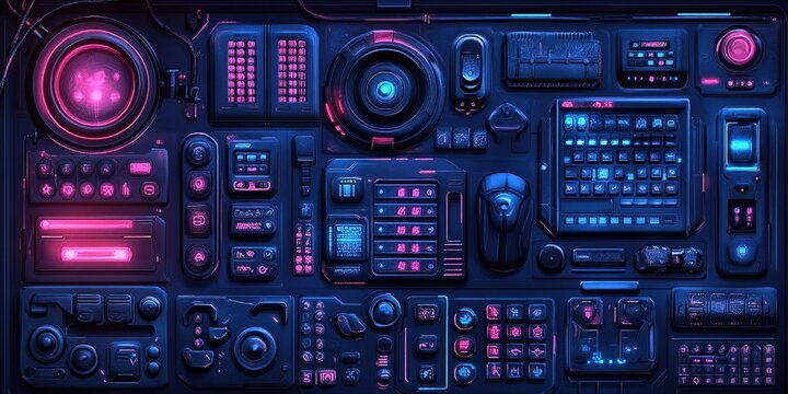 Intricate arrangement of high-tech control panels with vibrant lights and detailed buttons - Powered by Adobe
