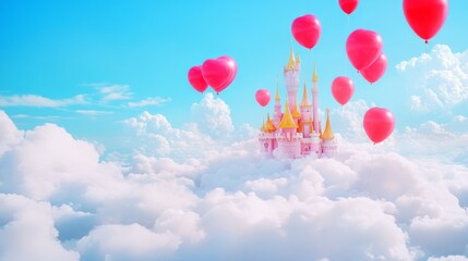 Dreamlike sky scene  pink and yellow castle amidst white clouds surrounded by vibrant red balloons