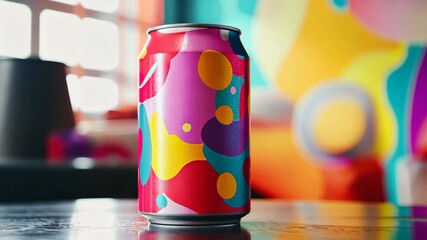 A colorful soda can with abstract shapes in pink, purple, orange, and blue against a blurred, vibrant background. - Powered by Adobe