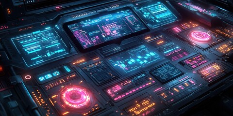 Obraz premium High-tech control panel with vibrant screens and illuminated buttons in a futuristic setting