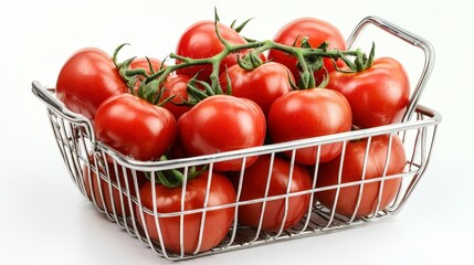 Fresh Red Tomatoes in a Metal Basket on White Background