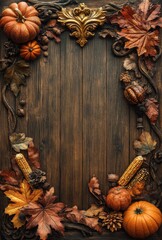 Autumn Harvest Decor with Pumpkins, Leaves, and Corn on a Rustic Wooden Background, Perfect for Seasonal Celebrations and Thanksgiving Inspiration