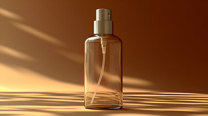Amber Glass Spray Bottle on Wooden Surface with Warm Sunlight