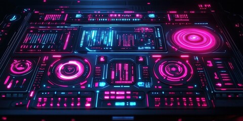 Obraz premium Futuristic control panel illuminated with vibrant neon lights showcases advanced technology and digital interfaces