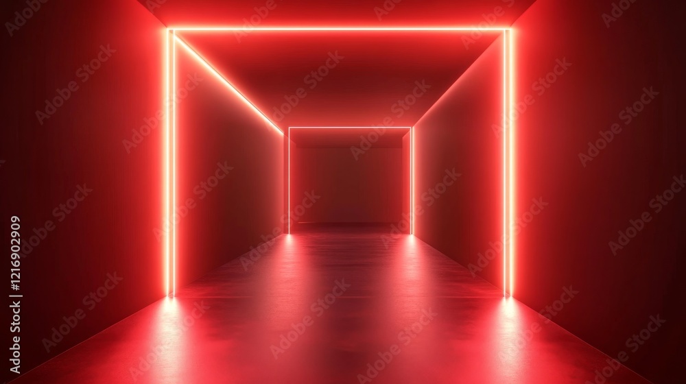 Sticker red virtual abstract space tunnel with neon line lights, spectrum of vibrant colors creating a laser