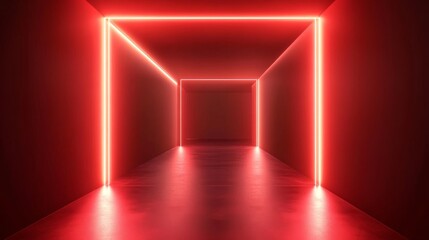 Red Virtual Abstract Space Tunnel with Neon Line Lights, Spectrum of Vibrant Colors Creating a Laser Show Effect in a Reality Square Portal Arch, Ideal for Futuristic Digital Art, High-Tech Visuals, a