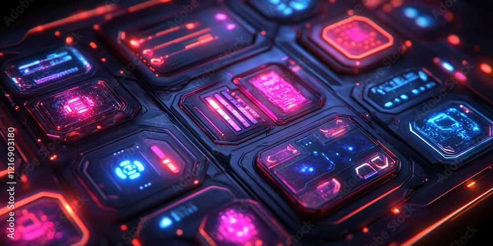 Poster colorful digital interface with glowing buttons and patterns in a futuristic design