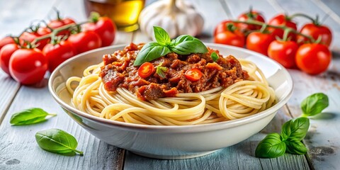Delicious Spaghetti Bolognese in a Bowl - Isolated White Background Stock Photo