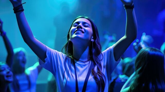 Blue Light Ecstasy: A young woman with her arms raised, eyes closed, and a blissful expression, is caught in a moment of pure joy and exhilaration amidst a vibrant, blue-lit crowd.