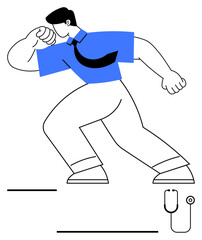 Person in blue shirt advancing energetically with arm flexed, near stethoscope. Ideal for health, career ambition, leadership, motivation, medical field, fitness, abstract line flat metaphor