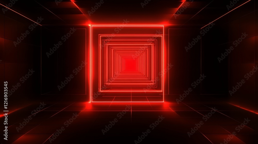 Wall mural red virtual abstract space tunnel with neon line lights, spectrum of vibrant colors creating a laser