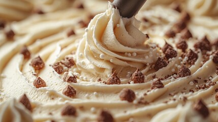 A swirl of frosting being piped onto a cake, detailed process, delicious and beautiful, close-up view, dynamic movement