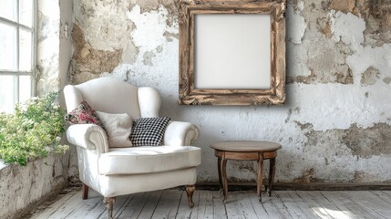 Cozy Vintage Armchair with Empty Frame in Rustic Interior Setting
