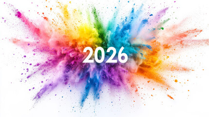 Colorful burst of powder displays the year 2026 in vibrant hues