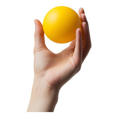 Close-up of a hand holding a yellow rubber ball, isolated on a transparent background,&nbsp;cut&nbsp;out