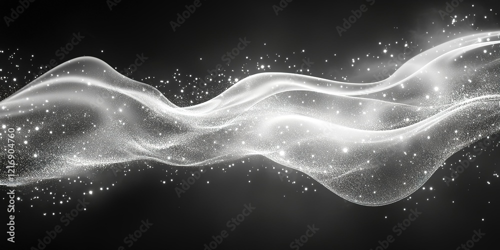 Poster flowing waves of shimmering light create an ethereal atmosphere with sparkling details in a dark bac