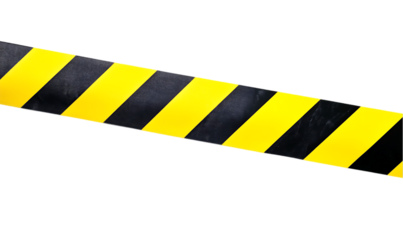 Diagonal yellow and black striped caution tape isolated on transparent background, ideal for construction, warning, or hazard-related designs and safety awareness campaigns