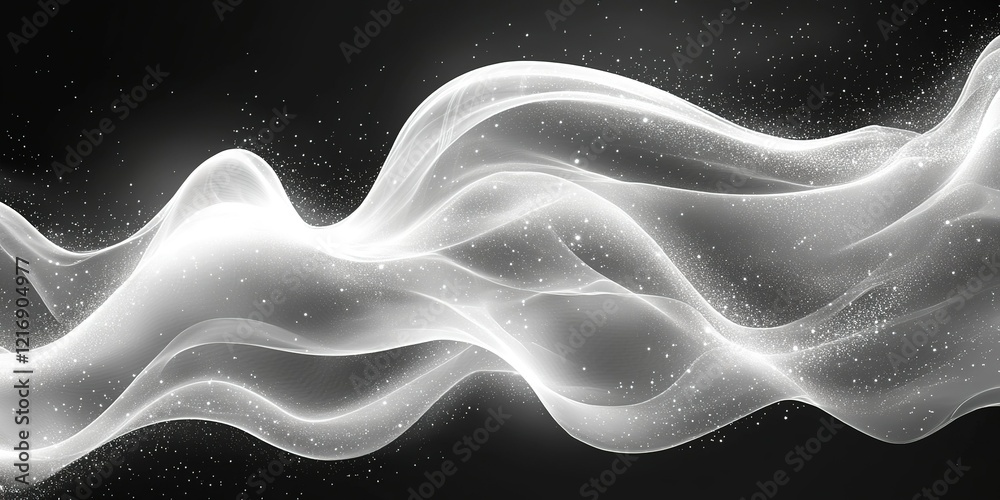 Poster flowing waves of white light create an ethereal background with sparkling effects and soft curves