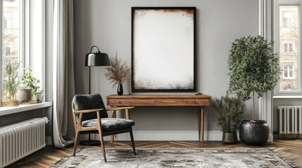 Modern Living Room with Decor and Empty Frame on Wall