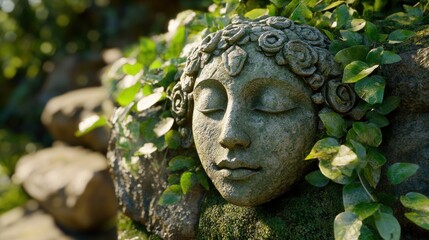 Obraz premium Serene Stone Face Surrounded by Lush Green Foliage in Nature