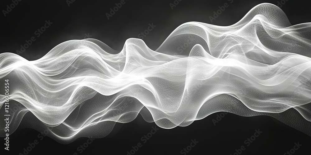 Poster flowing waves of translucent light create a mesmerizing display of abstract patterns in black and wh