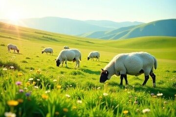 Fototapeta premium Peaceful flock of sheep grazing in a vibrant meadow bathed in the golden light of sunrise