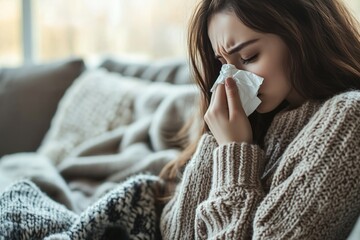 A young woman in a cozy sweater holding a tissue, sitting on a couch, looking unwell and surrounded by soft blankets in a warm, softly lit environment