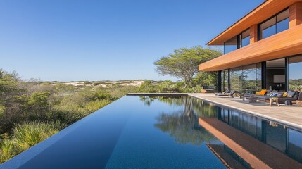 Modern luxury villa with infinity pool and scenic landscape view