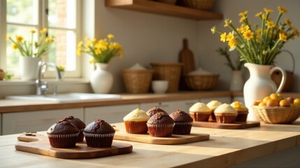 Sunlight streams into a kitchen, illuminating freshly baked muffins arranged on wooden boards, nestled amongst charming floral arrangements and rustic kitchenware.
