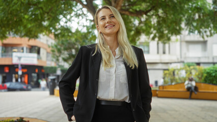 Woman smiling confidently in urban park setting with trees and city buildings in background, embodying business attire and youthful energy on a bustling street corner.