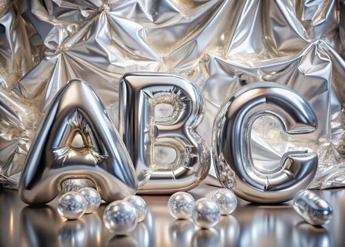 Double Exposure: Shimmering Silver Foil Alphabet Letters A-E, Abstract Background
