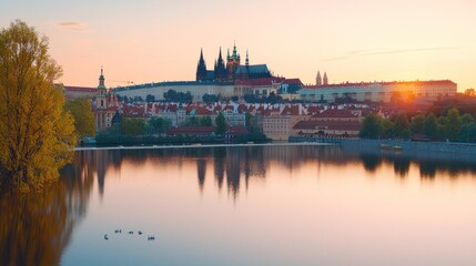 Fototapeta premium Prague Castle sunrise reflection, river, cityscape, tourism