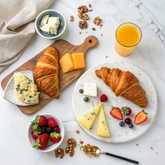 An elegant flat lay of a continental breakfast: croissants, assorted cheeses, fresh fruit, and a glass of orange juice, styled on a white marble surface.